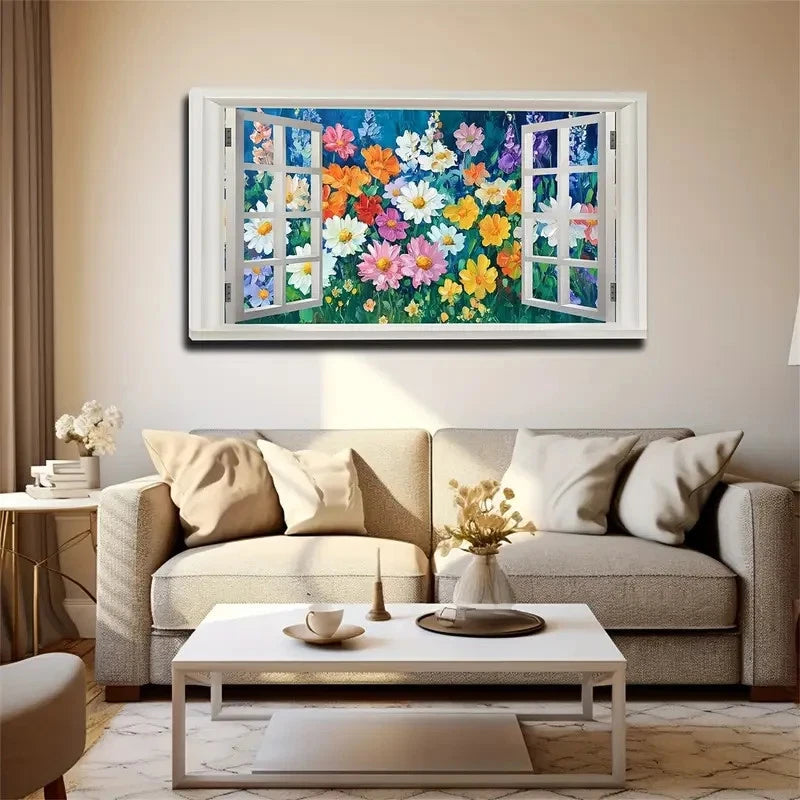 Vibrant Floral Faux Window Dark Wall Art Canvas Office Home Room Framed 120x60cm