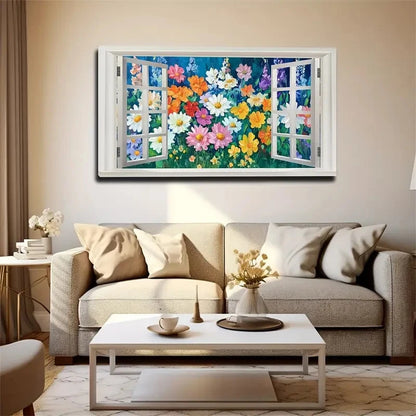 Vibrant Floral Faux Window Dark Wall Art Canvas Office Home Room Framed 120x60cm