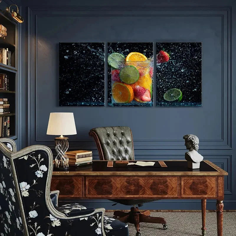 3pcs Vibrant Fruits Splash Artistic Photography Metal Print Ready to Hang Art - Bella Home Decor