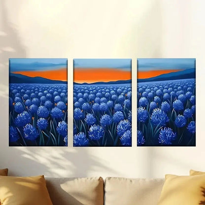 3pcs a Painting of a Field of Blue Flowers Wall Art Set Canvas Framed 40x60cm - High Quality Print 100% Australian Made Wall Canvas Ready to Hang - Bella Home Decor