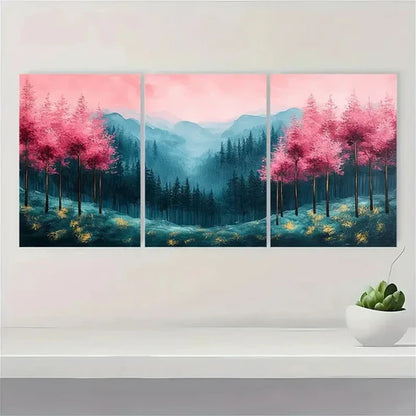 3pcs Pine Forest Artwork Pink Green DF  Wall Art Set Canvas Unframed - High Quality Print 100% Australian Made Wall Canvas - Bella Home Decor