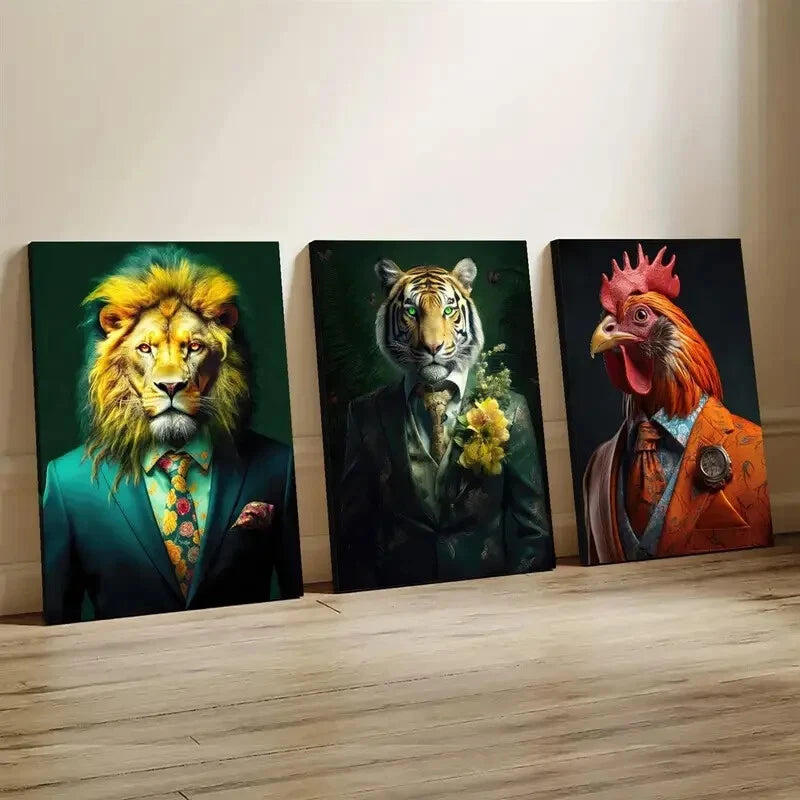 3pcs Rooster Tiger Lion Portrait Décor Perfect Wall Art Set Canvas Framed 40x60cm - High Quality Print 100% Australian Made Wall Canvas Ready to Hang - Bella Home Decor