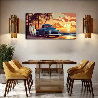 Vintage Blue Pickup Truck Beach Wall Art Canvas Office Home Room Framed 120x60cm