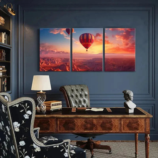 3pcs Hot Air Balloon Landscape, Sunset Glow, sky Wall Art Set Canvas Framed 50x70cm - High Quality Print 100% Australian Made Wall Canvas Ready to Hang