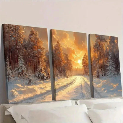 3pcs Snowy Forest with Golden Sunlight Wall Art Set Canvas Framed 60x90cm - High Quality Print 100% Australian Made Wall Canvas Ready to Hang - Bella Home Decor