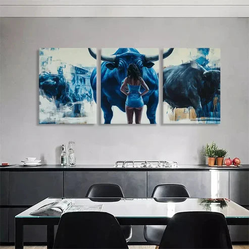 3pcs Powerful Blue Bull Confident Woman Wall Art Canvas Unframed - High Quality Print 100% Australian Made Wall Canvas