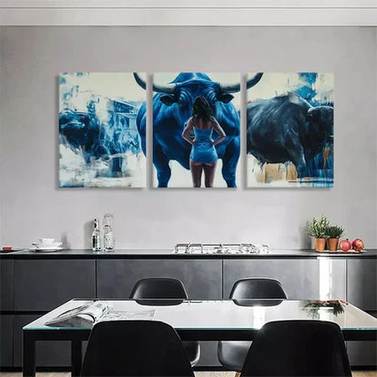 3pcs Powerful Blue Bull Confident Woman Wall Art Canvas Unframed - High Quality Print 100% Australian Made Wall Canvas