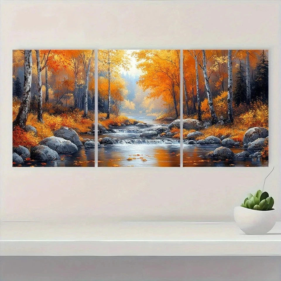 3pcs Autumn Scenery Vibrant Fall Leaves & River Metal Print Ready to Hang Art - Bella Home Decor
