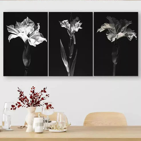 3 PCS Elegant Black & White Monochrome Flora Wall Art Set Canvas Unframed - High Quality Print 100% Australian Made Wall Canvas - Bella Home Decor
