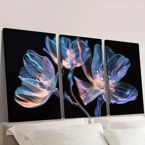 3pcs Vibrant Pink and Blue Crystal Flowers Wall Art Canvas Unframed - High Quality Print 100% Australian Made Wall Canvas