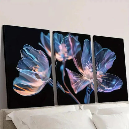 3pcs Vibrant Pink and Blue Crystal Flowers Wall Art Canvas Unframed - High Quality Print 100% Australian Made Wall Canvas