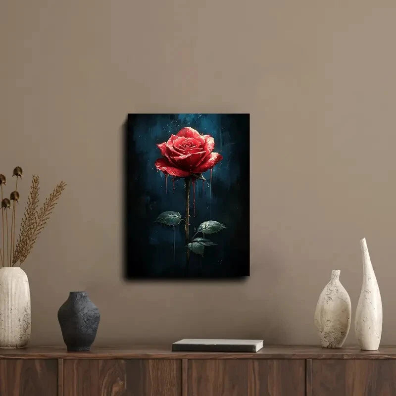 Gothic Red Rose Dripping Paint Painting 40x60cm Metal Print Ready to Hang - Bella Home Decor
