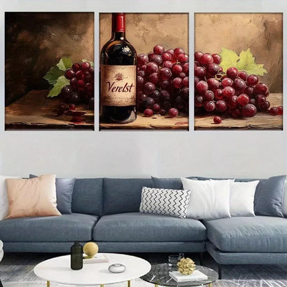 3pcs Wine Bottle and Grapes Rustic Kitchen Wall Art Set Canvas Framed 50x70cm - High Quality Print 100% Australian Made Wall Canvas Ready to Hang