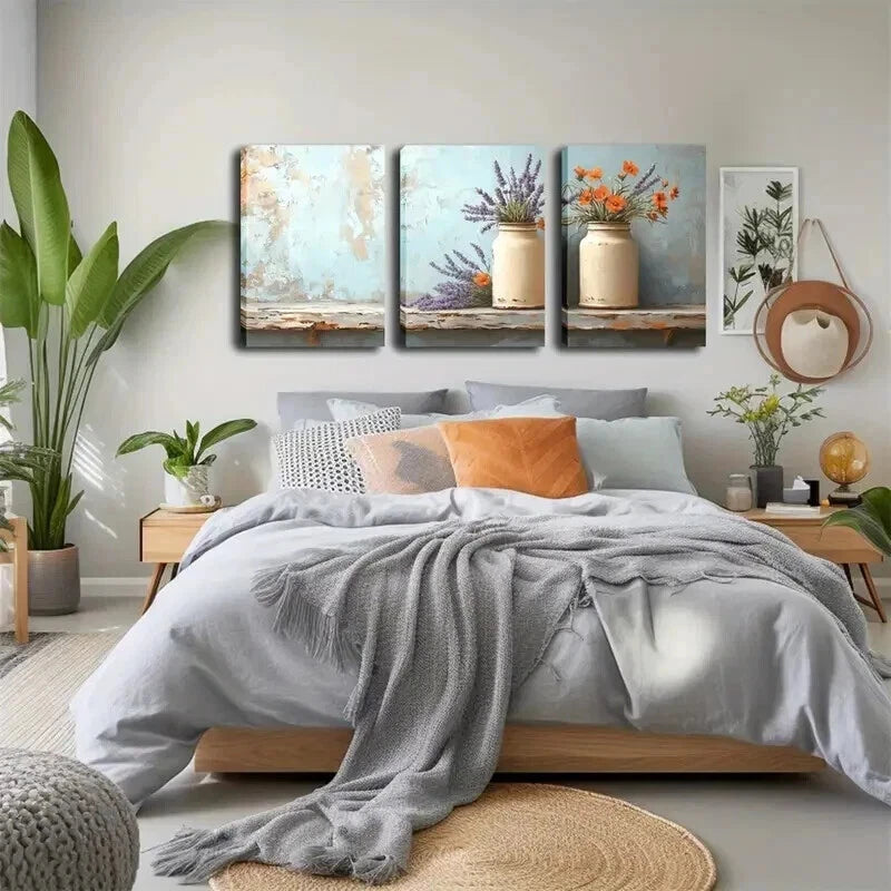 3pcs White Pots Lavender & Orange Flower Perfect Wall Art Set Canvas Framed 60x90cm - High Quality Print 100% Australian Made Wall Canvas Ready to Hang - Bella Home Decor