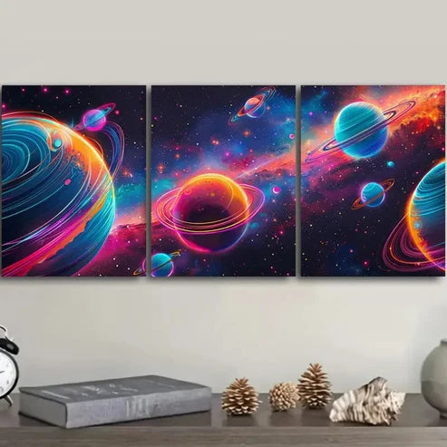3pcs Neon Galaxy Design with Planets & Stars Wall Art Set Canvas Unframed - High Quality Print 100% Australian Made Wall Canvas - Bella Home Decor