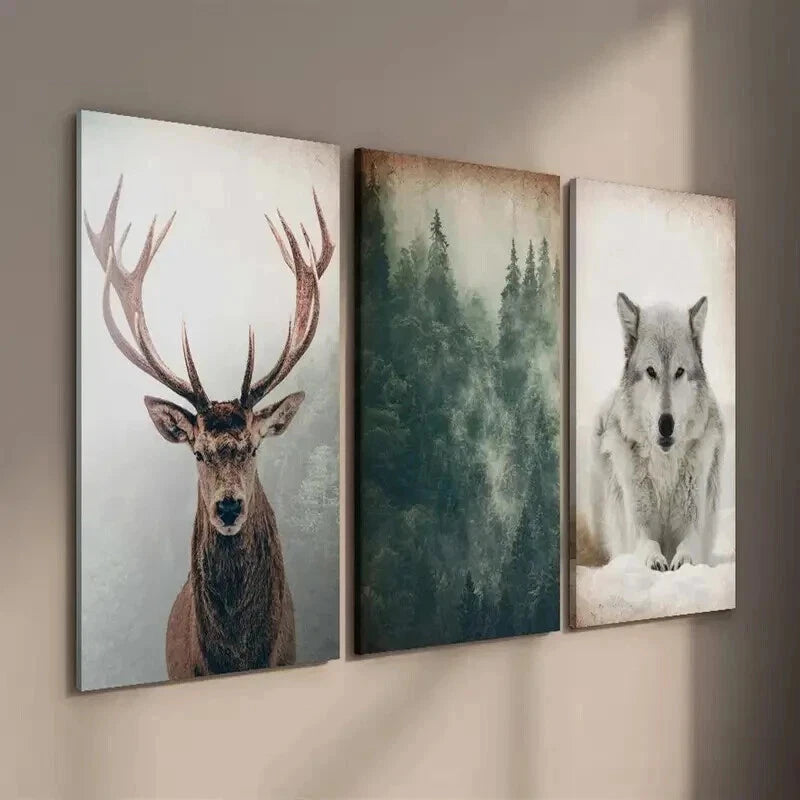 3pcs Vintage Forest and Animals Deer and Wolf Wall Art Set Canvas Framed 60x90cm - High Quality Print 100% Australian Made Wall Canvas Ready to Hang
