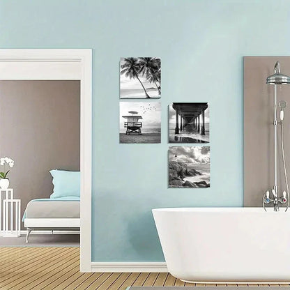4pcs Back White Beach Florida Coastline Lighthou Wall Art Canvas Framed