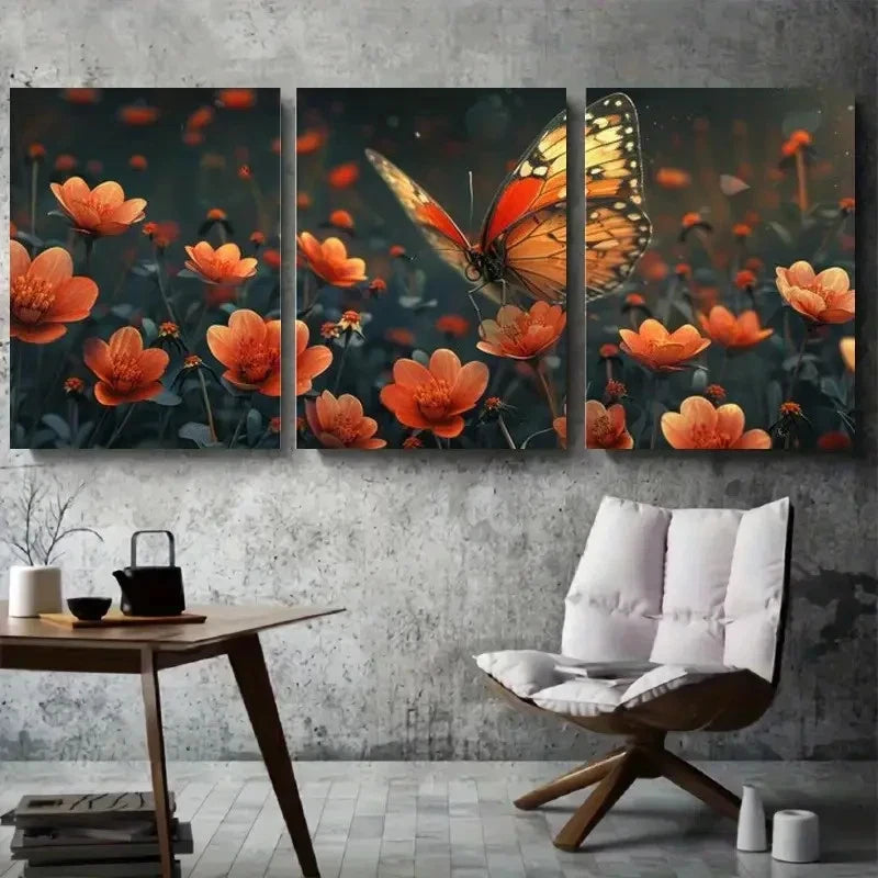 3pcs Butterfly and Orange Flowers Metal Print Ready to Hang Art - Bella Home Decor