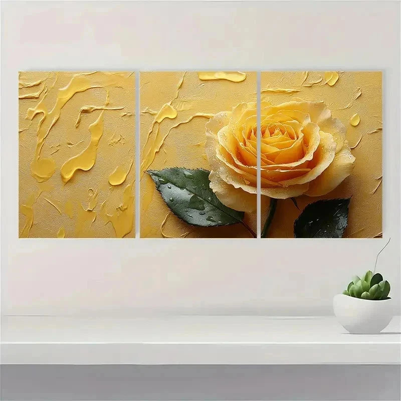 3pcs Yellow Rose Aesthetic Décor Perfect Wall Art Set Canvas Framed 50x70cm - High Quality Print 100% Australian Made Wall Canvas Ready to Hang