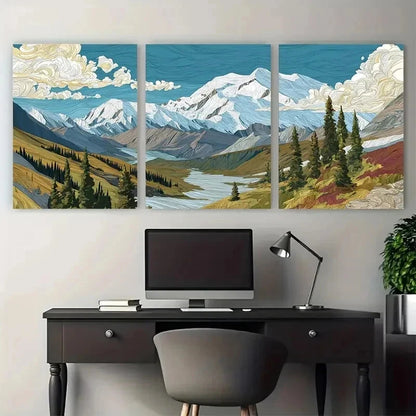 3pcs Illustrated Mountain Landscape Perfect Wall Art Set Canvas Framed 50x70cm - High Quality Print 100% Australian Made Wall Canvas Ready to Hang