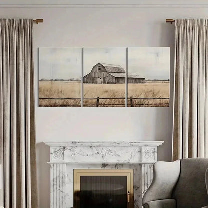 3pcs Rustic Barn Golden Field Wooden Fence Wall Art Set Canvas Framed 60x90cm - High Quality Print 100% Australian Made Wall Canvas Ready to Hang - Bella Home Decor