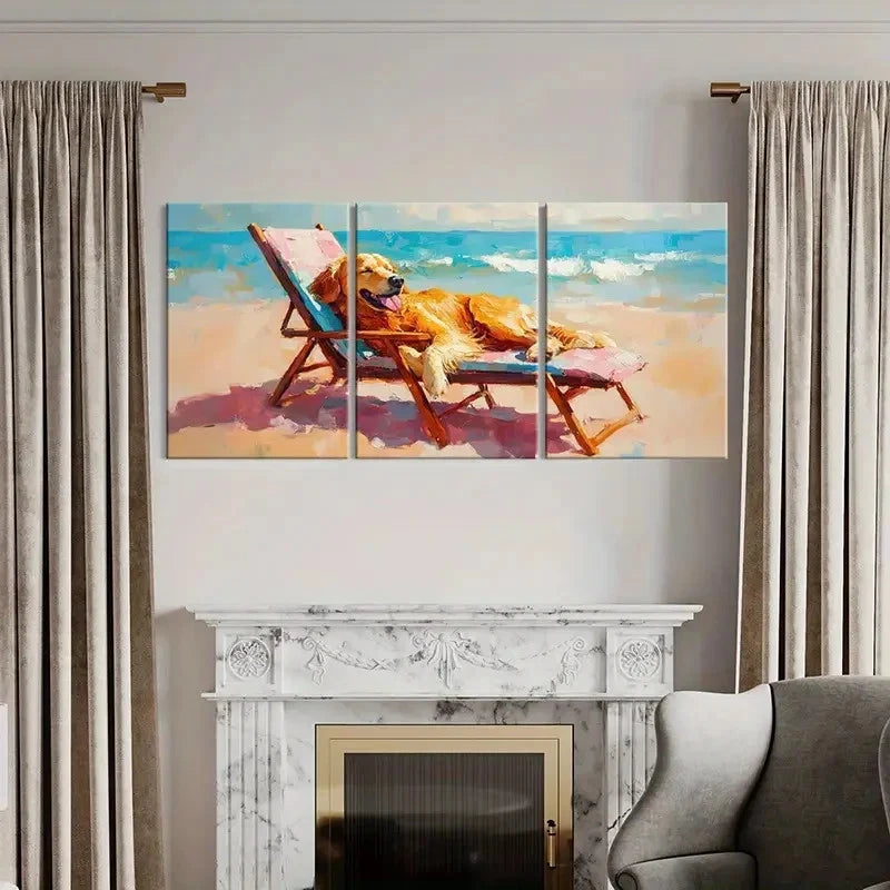 3pcs Beach Scene Golden Retriever Painting   Wall Art Set Canvas Framed 60x90cm - High Quality Print 100% Australian Made Wall Canvas Ready to Hang - Bella Home Decor