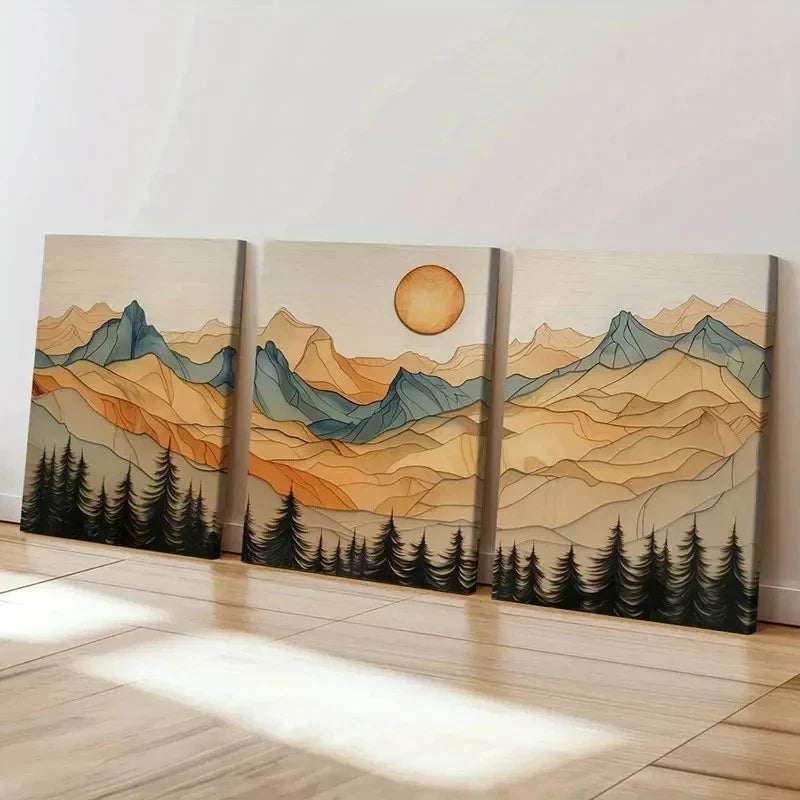 3pcs Mountain Landscape Sunset Glow Forest Wall Art Set Canvas Framed 60x90cm - High Quality Print 100% Australian Made Wall Canvas Ready to Hang