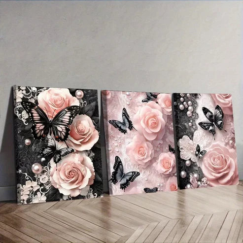 3 PCS Black Butterflies In Pink Roses Floral Wall Art Set Canvas Unframed - High Quality Print 100% Australian Made Wall Canvas