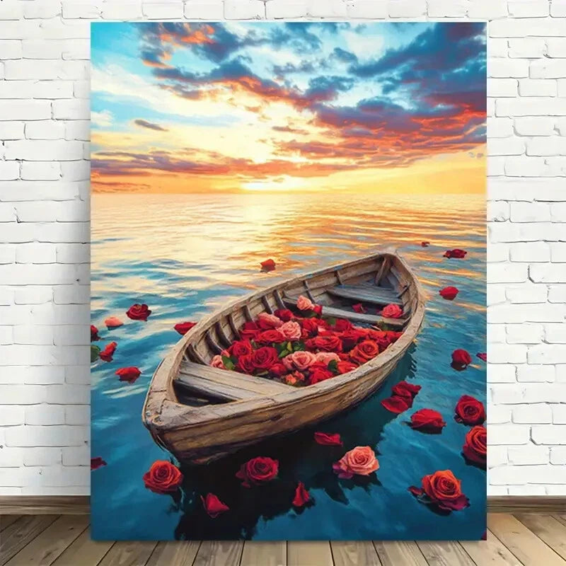 Beautiful Modern Vintage Boat With Flowers Painting 40x60cm Metal Print Ready to Hang - Bella Home Decor