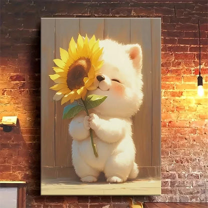 Adorable Puppy & Sunflower Metal Print Ready to Hang