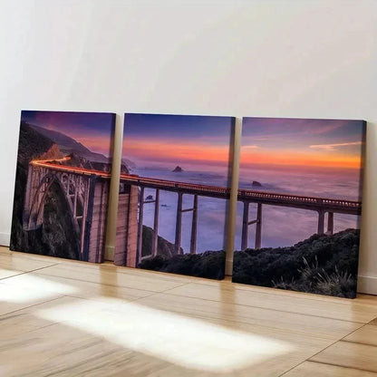 3pcs Coastal Landscape with Train & Sunset Wall Art Set Canvas Framed 50x70cm - High Quality Print 100% Australian Made Wall Canvas Ready to Hang - Bella Home Decor