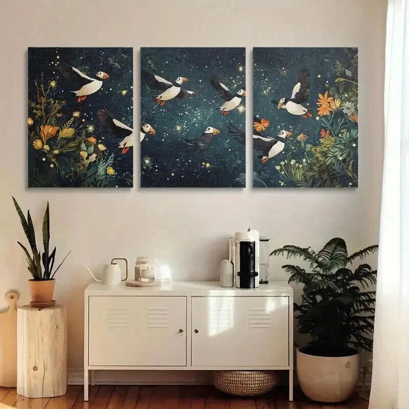 3pcs Puffins Soaring Through Night Sky Wall Art Set Canvas Framed 60x90cm - High Quality Print 100% Australian Made Wall Canvas Ready to Hang