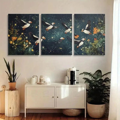 3pcs Puffins Soaring Through Night Sky Wall Art Set Canvas Framed 60x90cm - High Quality Print 100% Australian Made Wall Canvas Ready to Hang