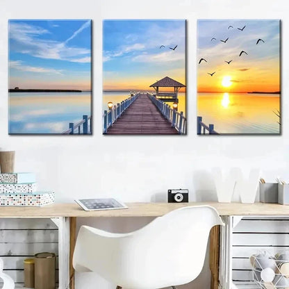 3pcs Bridge By The Seaside And A Sunset Perfect Wall Art Set Canvas Framed 50x70cm - High Quality Print 100% Australian Made Wall Canvas Ready to Hang - Bella Home Decor