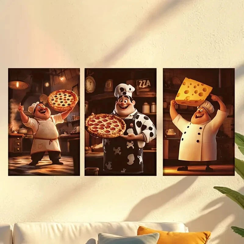 3pcs Happy Fat Chef with Cheese And Pizza Wall Art Set Canvas Framed 60x90cm - High Quality Print 100% Australian Made Wall Canvas Ready to Hang - Bella Home Decor