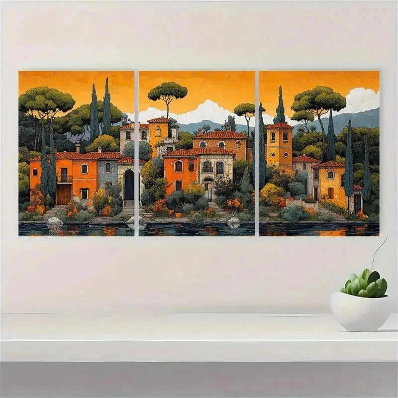 3pcs Whimsical Italian Landscape Pastel Perfect Wall Art Set Canvas Framed 60x90cm - High Quality Print 100% Australian Made Wall Canvas Ready to Hang - Bella Home Decor