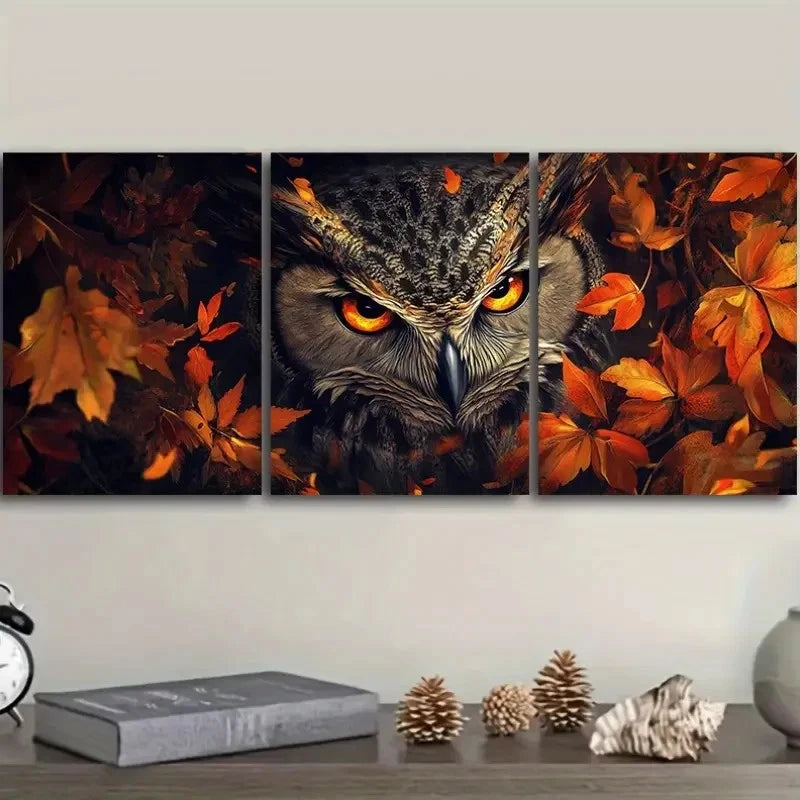 3pcs Fierce Owl Stares From Autumn Leaves  Wall Art Set Canvas Framed 50x70cm - High Quality Print 100% Australian Made Wall Canvas Ready to Hang