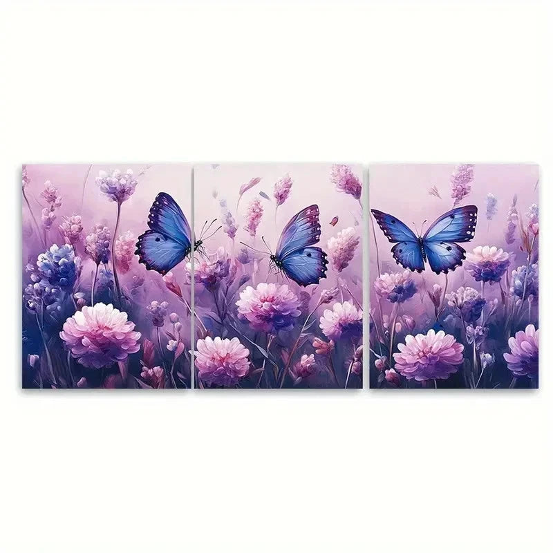 3pcs Soft Purple Pink Flowers Blue Butterflies  Wall Art Set Canvas Framed 50x70cm - High Quality Print 100% Australian Made Wall Canvas Ready to Hang