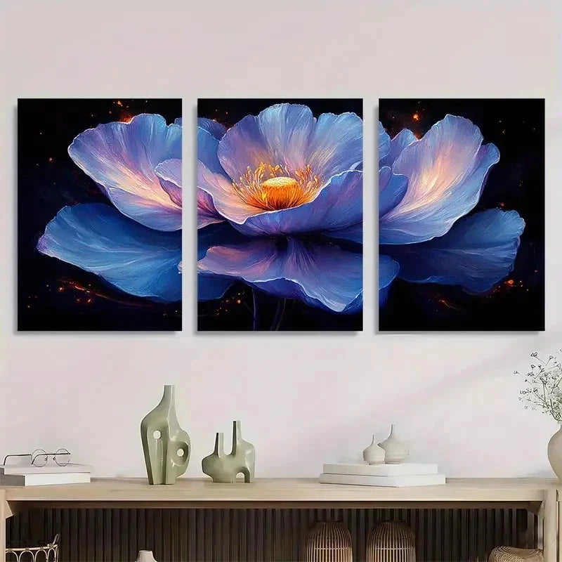 3pcs Vibrant Purple & Blue Floral Perfect Wall Art Set Canvas Framed 50x70cm - High Quality Print 100% Australian Made Wall Canvas Ready to Hang