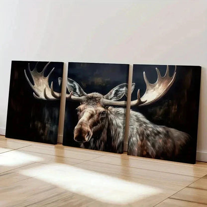 3pcs Moose Antlers Dark Background Wall Art Set Canvas Framed 40x60cm - High Quality Print 100% Australian Made Wall Canvas Ready to Hang
