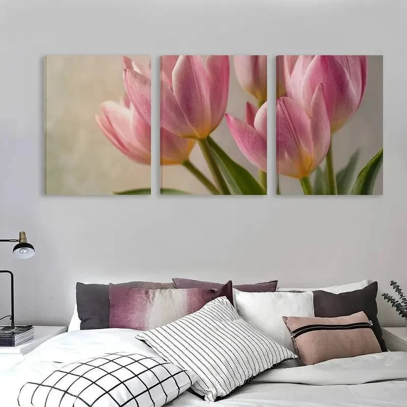 3pcs A Bouquet of Delicate Pink Tulips Flower   Wall Art Set Canvas Framed 50x70cm - High Quality Print 100% Australian Made Wall Canvas Ready to Hang - Bella Home Decor