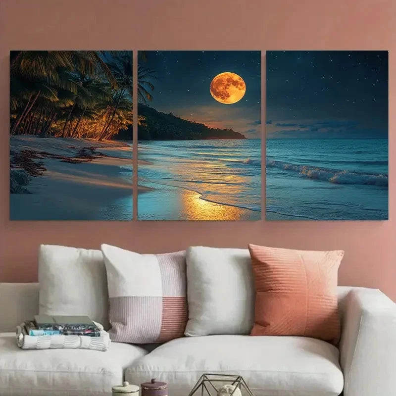 3pcs Full Moon Beach Exotic Luxury Decor Perfect Wall Art Set Canvas Framed 40x60cm - High Quality Print 100% Australian Made Wall Canvas Ready to Hang - Bella Home Decor