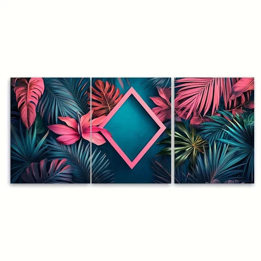 3pcs Pink Teal Triangle Print with Exotic Folia Wall Art Set Canvas Framed 50x70cm - High Quality Print 100% Australian Made Wall Canvas Ready to Hang