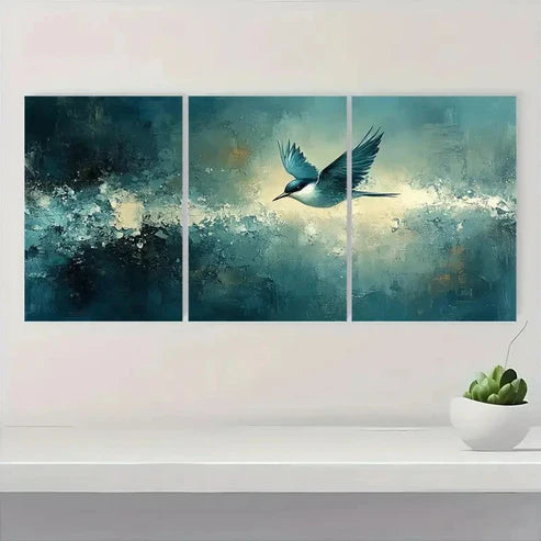 3pcs Bird Teal Tan Pastel Abstract Painting Canvas Wall Art Set Canvas Unframed - High Quality Print 100% Australian Made Wall Canvas