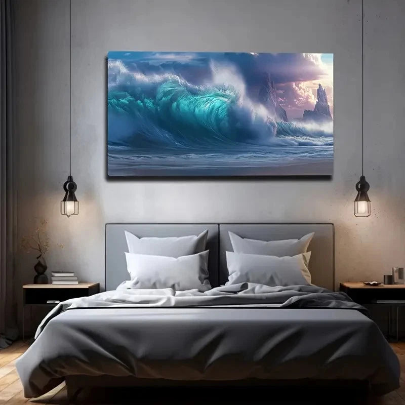 Teal & Green Ocean Wave Wall Art Canvas Office Home Room Framed 120x60cm