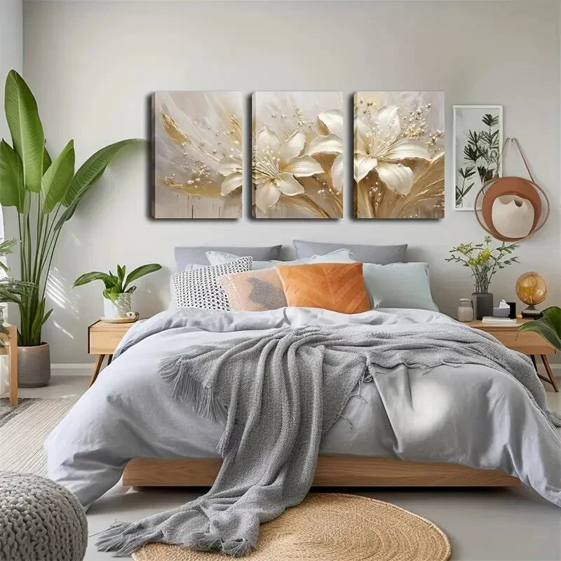 3pcs Textured Lily Golden Vintage Perfect Wall Art Set Canvas Framed 40x60cm - High Quality Print 100% Australian Made Wall Canvas Ready to Hang - Bella Home Decor