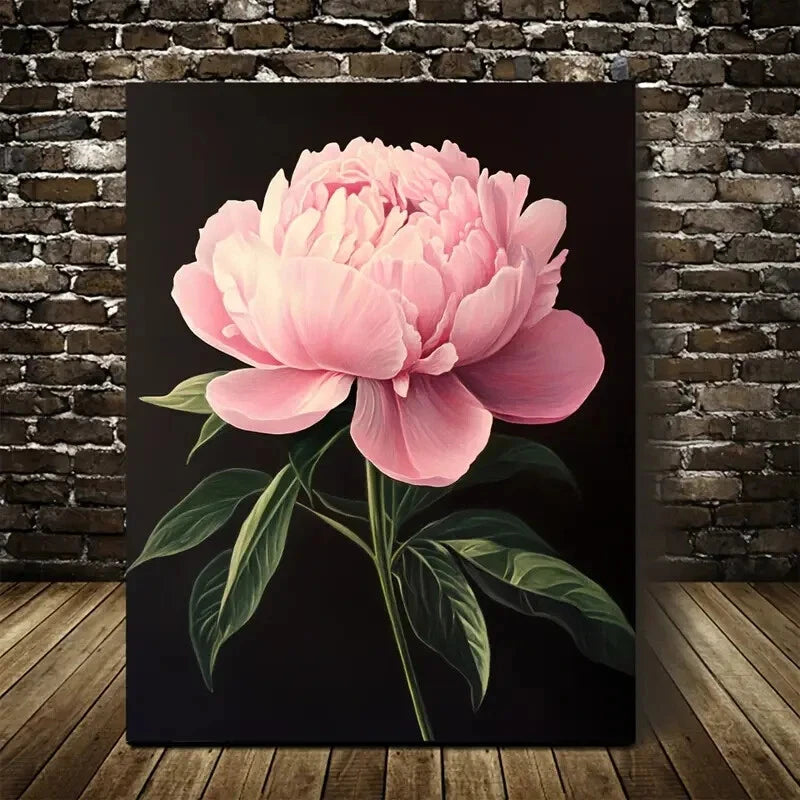 Vibrant Pink Peony Floral Painting on Black 40x60cm Metal Print Ready to Hang - Bella Home Decor