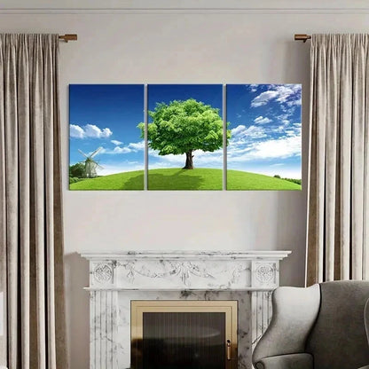 3pcs Blue Sky Grass and Big Trees Modern Wall Art Set Canvas Framed 50x70cm - High Quality Print 100% Australian Made Wall Canvas Ready to Hang - Bella Home Decor