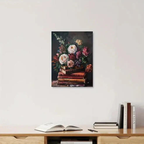 Vibrant Floral Bouquet On Books Painting 60x90cm Metal Print Ready to Hang