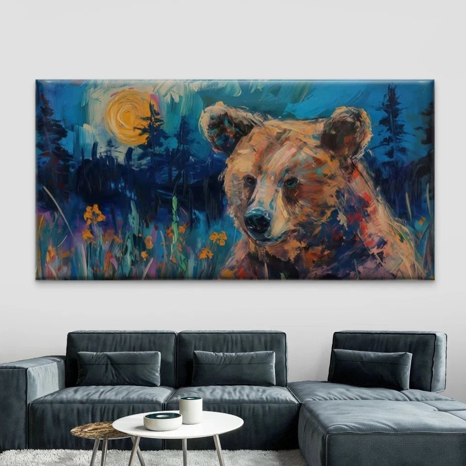 Abstract Bear in Forest Wall Art Canvas Office Home Room Framed 120x60cm